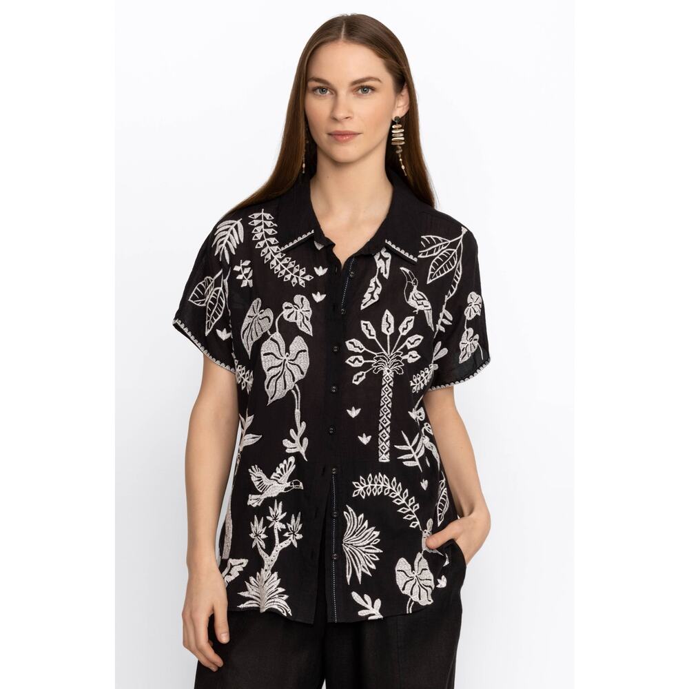 Johnny Was Luciana Dolman Shirt Black White Tropical Embroidered Size Medium